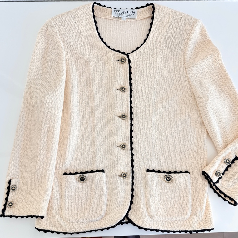 St. John Cream Bouclé Jacket with Black Trim - Picture 2 of 14